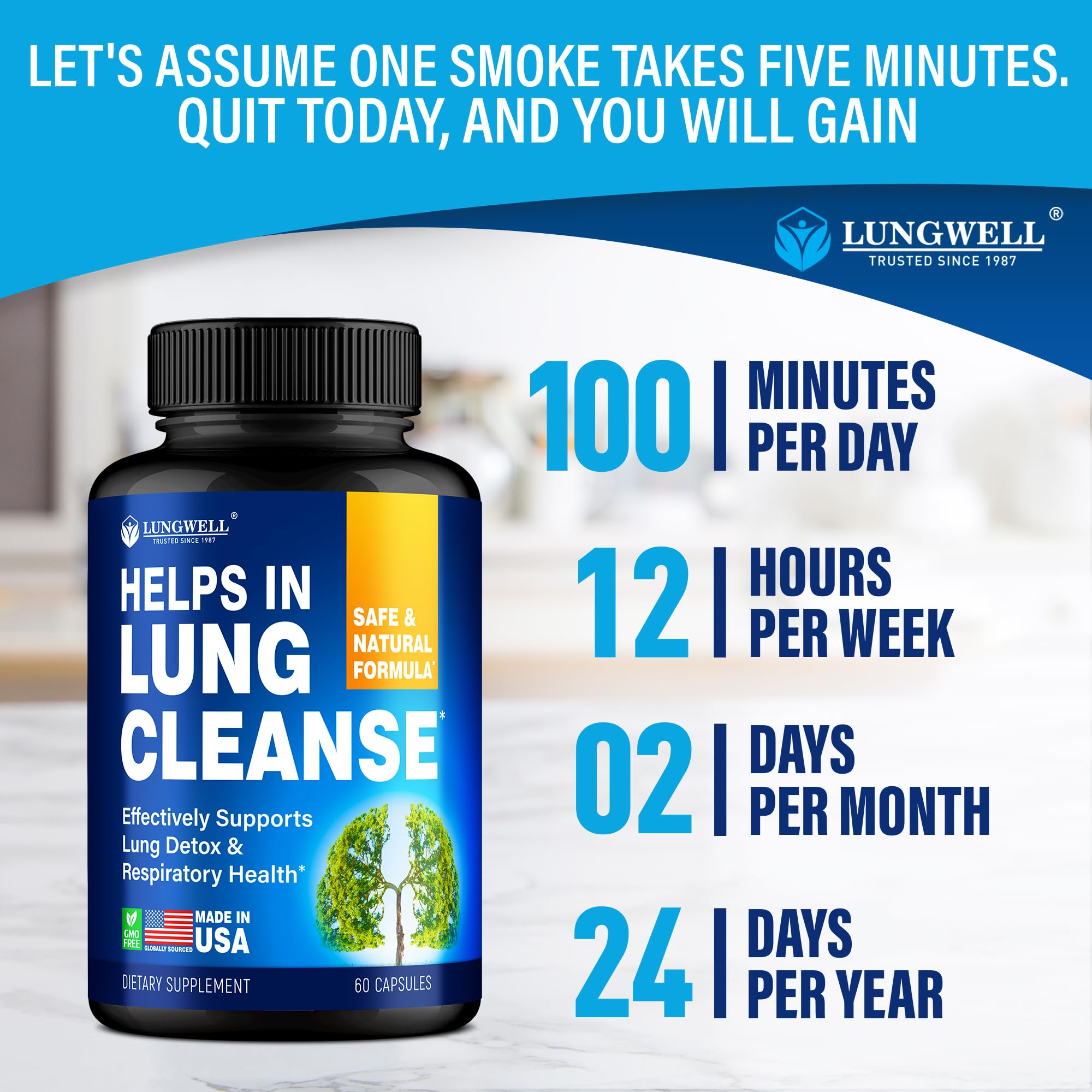 Lungwell Quit Smoking Aid packaging highlighting a simple quit routine.