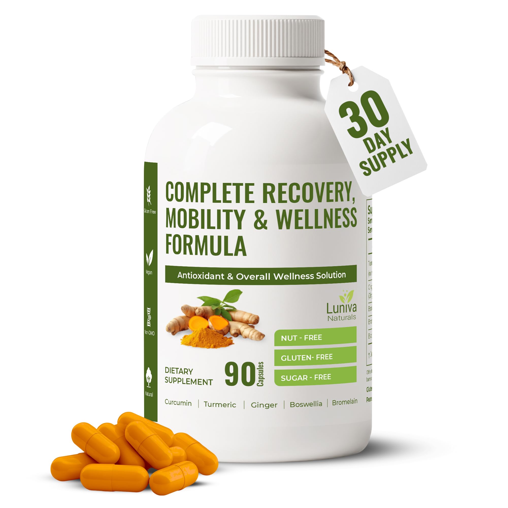 Luniva Naturals Turmeric Curcumin bottle front shows premium joint support packaging.