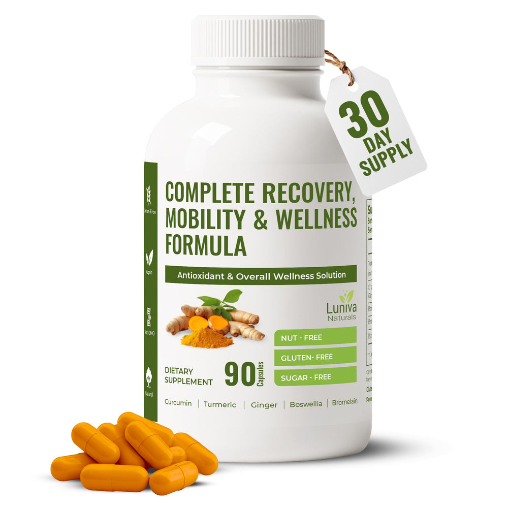 Luniva Naturals Turmeric Curcumin bottle front shows premium joint support packaging.