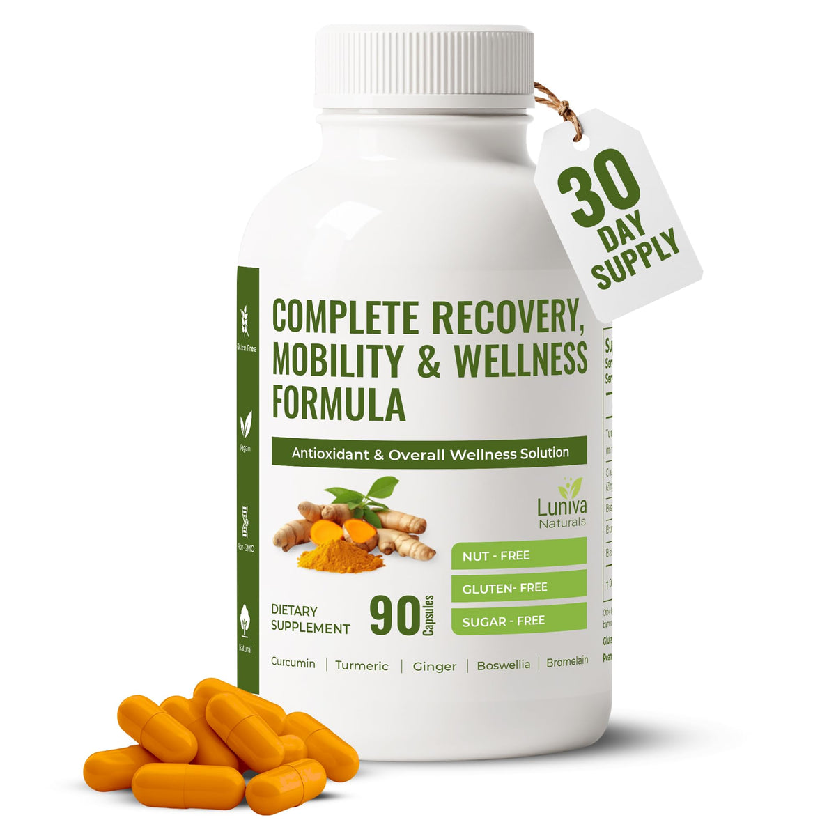 Luniva Naturals Turmeric Curcumin bottle front shows premium joint support packaging.