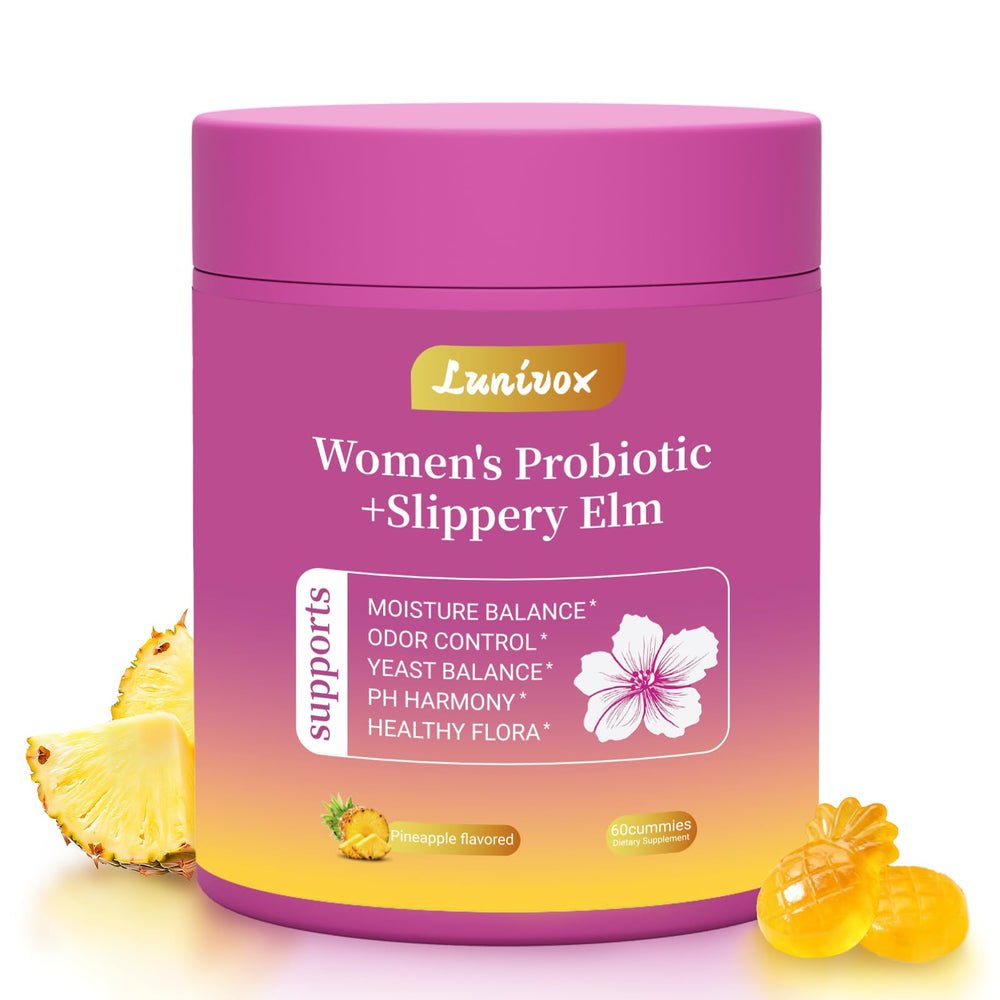 Lunivox Her Juicy Probiotics Gummies bottle supports daily feminine wellness with pineapple flavor.