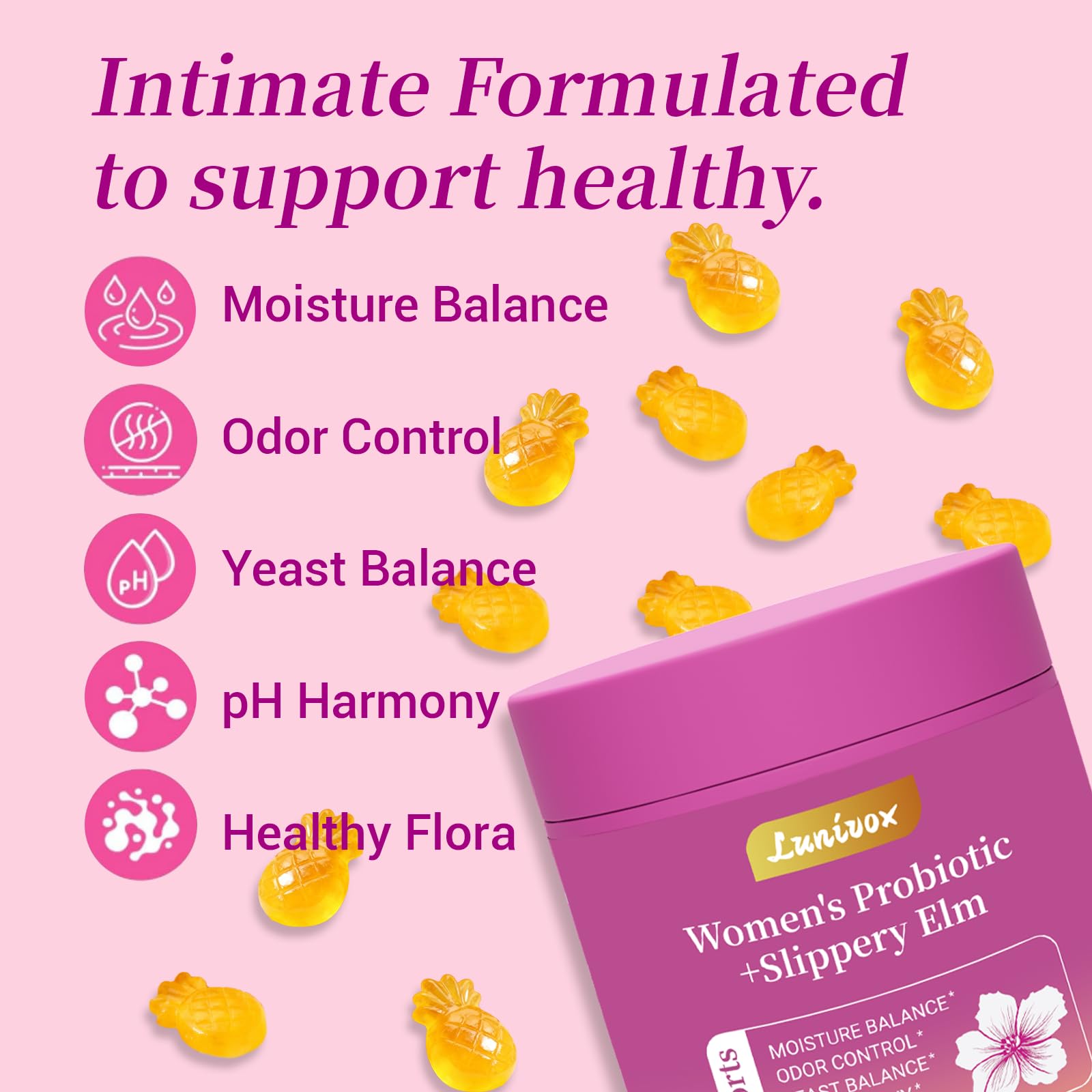 Lunivox pH-balanced feminine probiotic gummies for daily comfort.