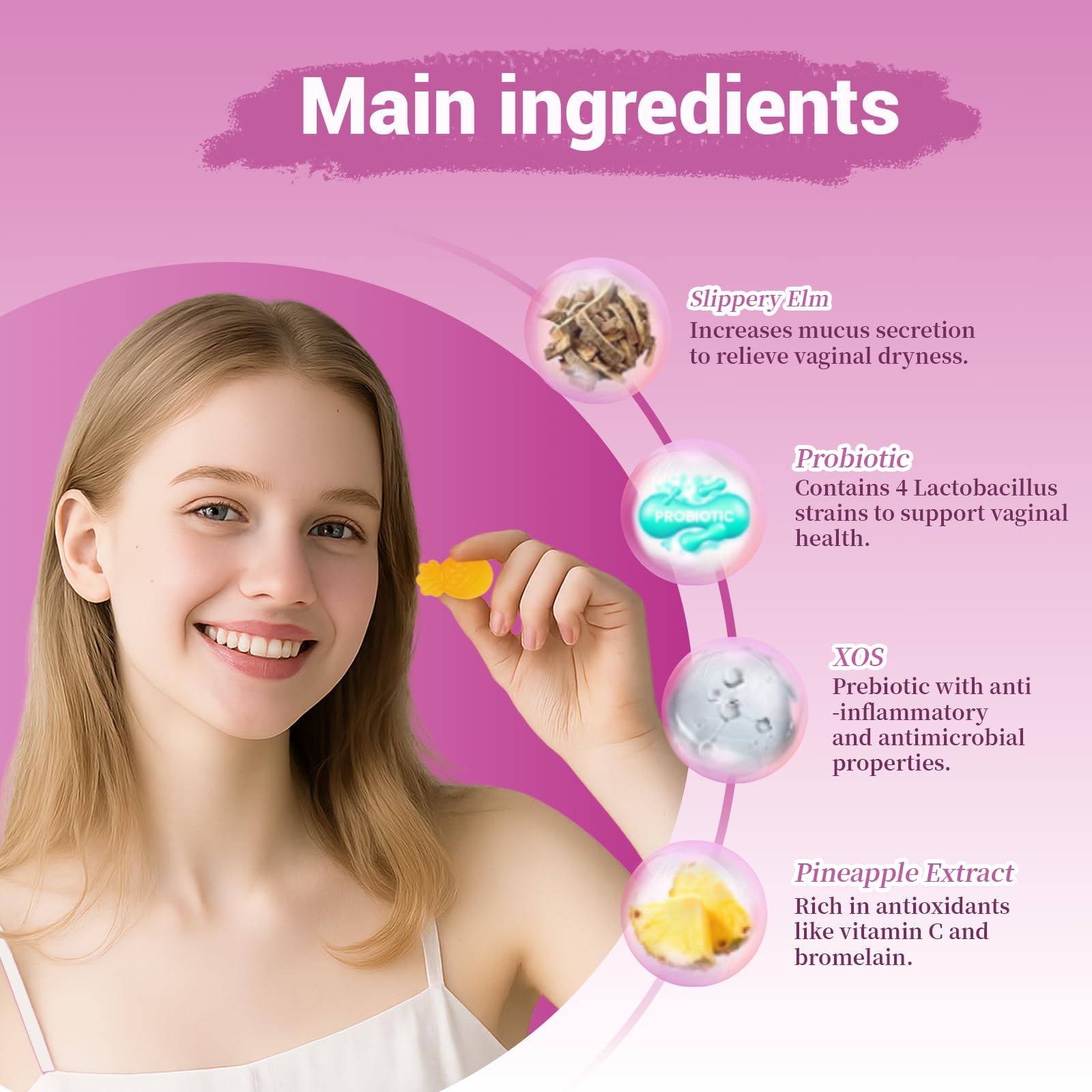 Lunivox gummy with slippery elm blend promoting soothing support for feminine flora.