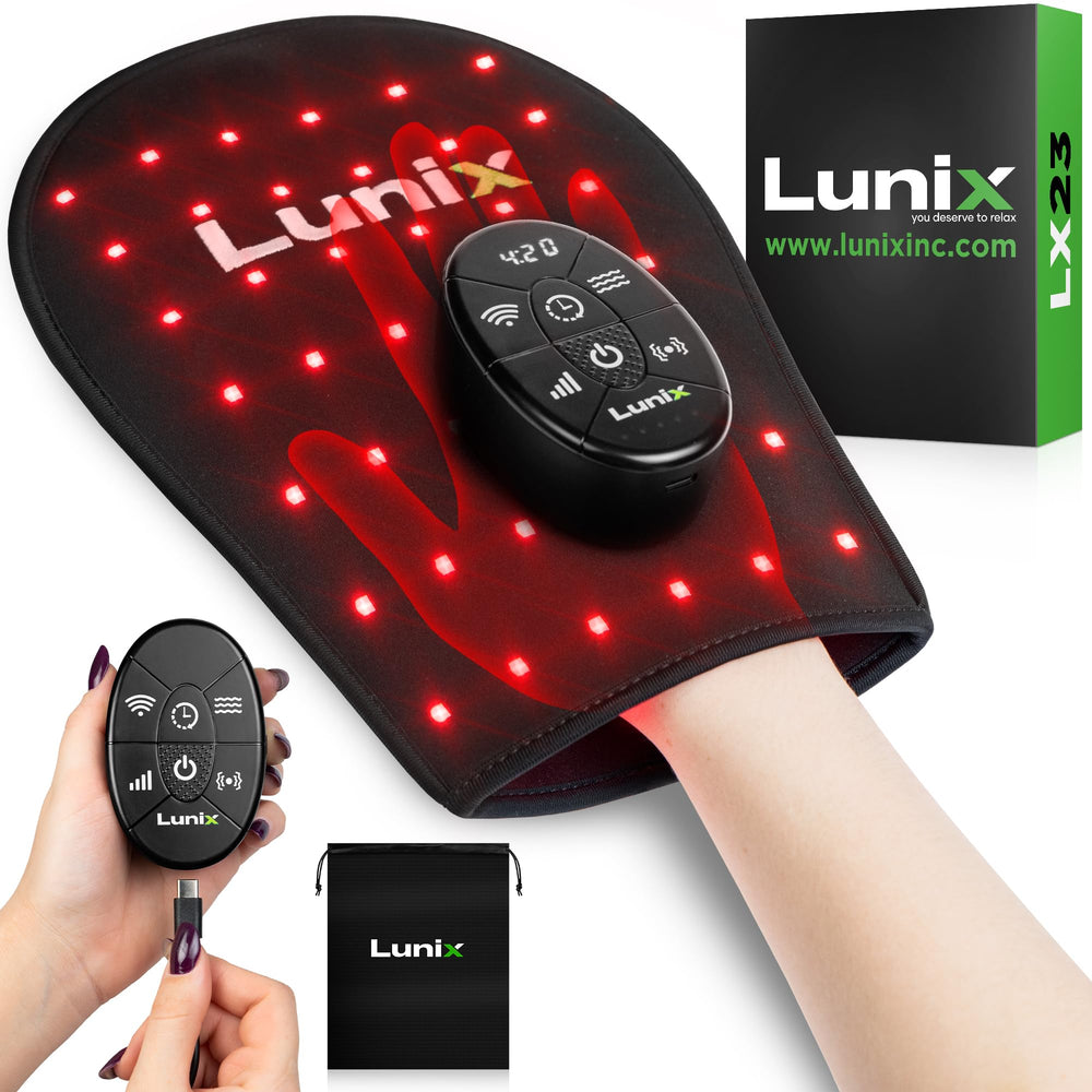 Lunix LX23 glove shows even red and infrared light coverage for hands during at-home sessions.