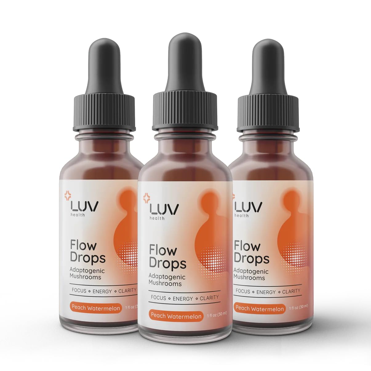 LUV health Flow Drops bottle showing convenient liquid energy for on-the-go use