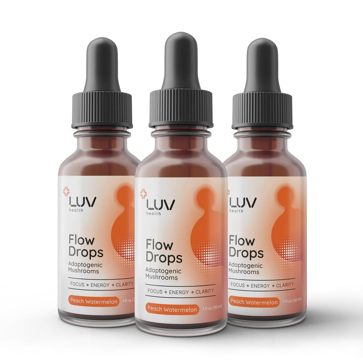 LUV health Flow Drops bottle showing convenient liquid energy for on-the-go use
