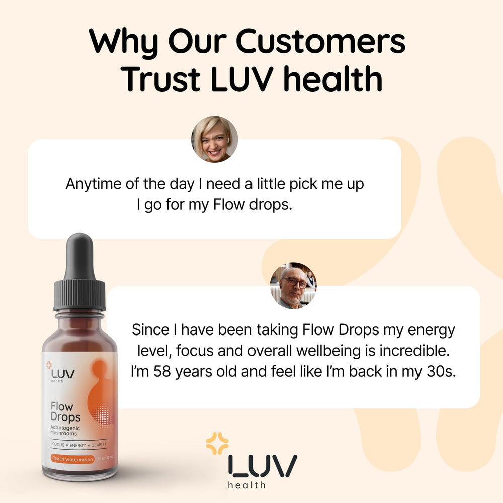 LUV health Flow Drops liquid logo on a bottle, simple daily wellness
