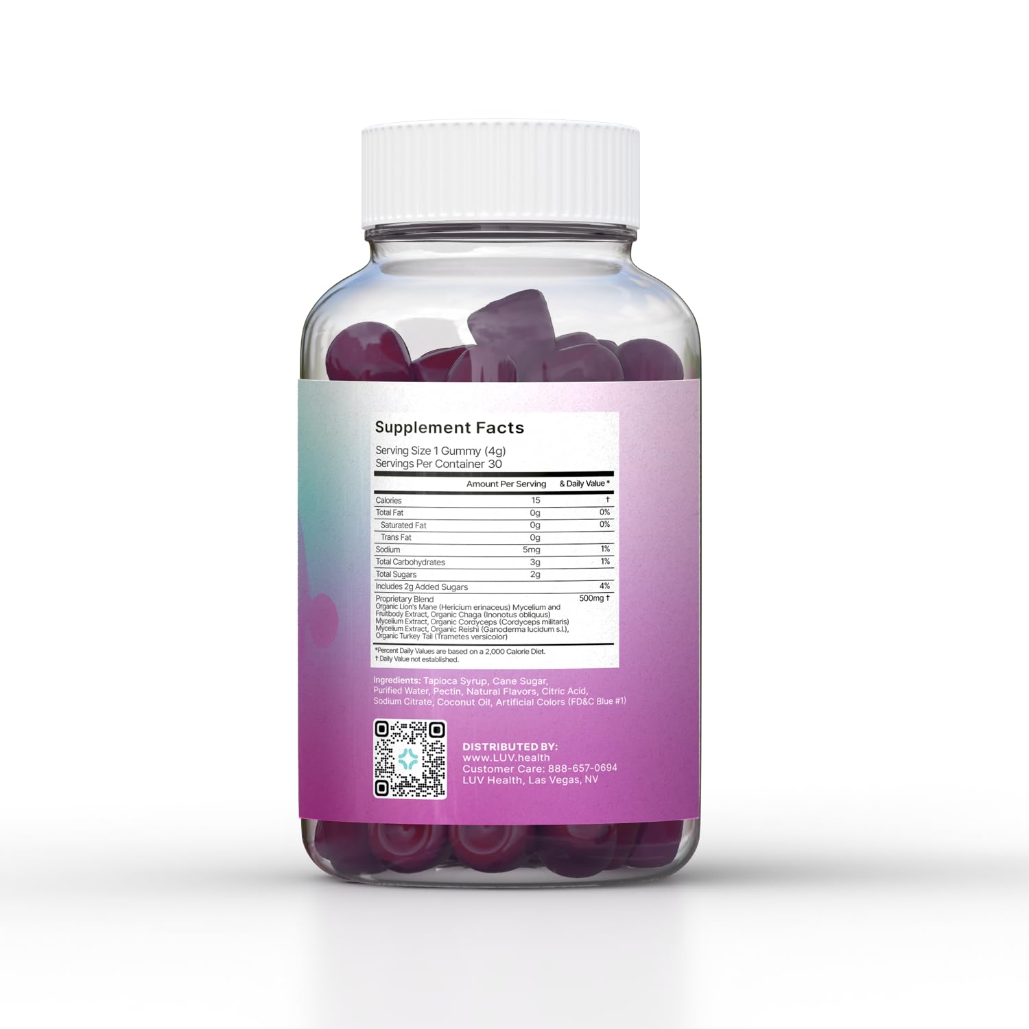 Close-up of LUV health Mind Gummies texture and berry flavor for focus.