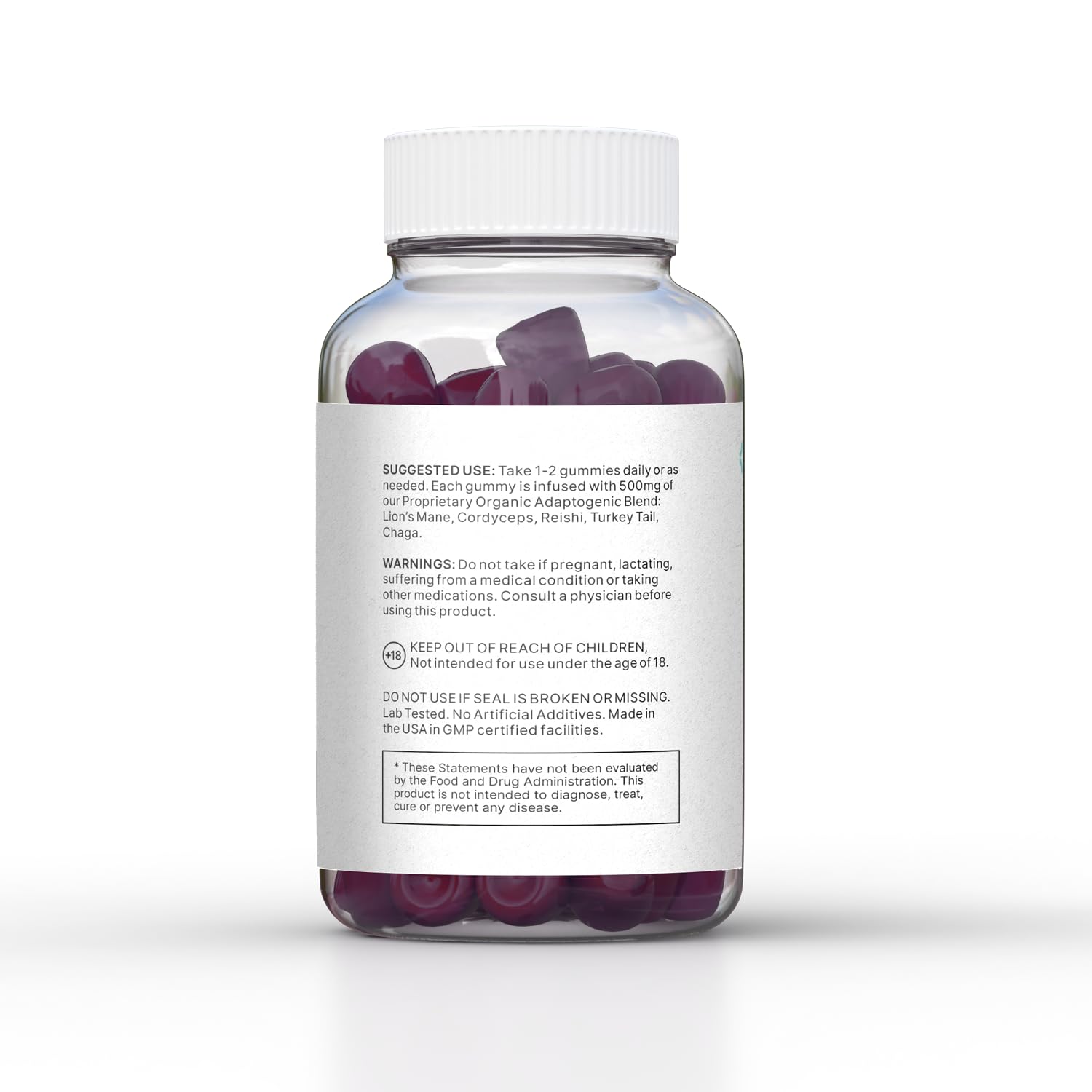 LUV health Mind Gummies jar with supplement facts and organic mushroom blend for daily support.