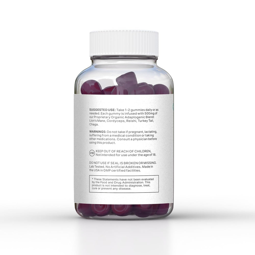 LUV health Mind Gummies jar with supplement facts and organic mushroom blend for daily support.