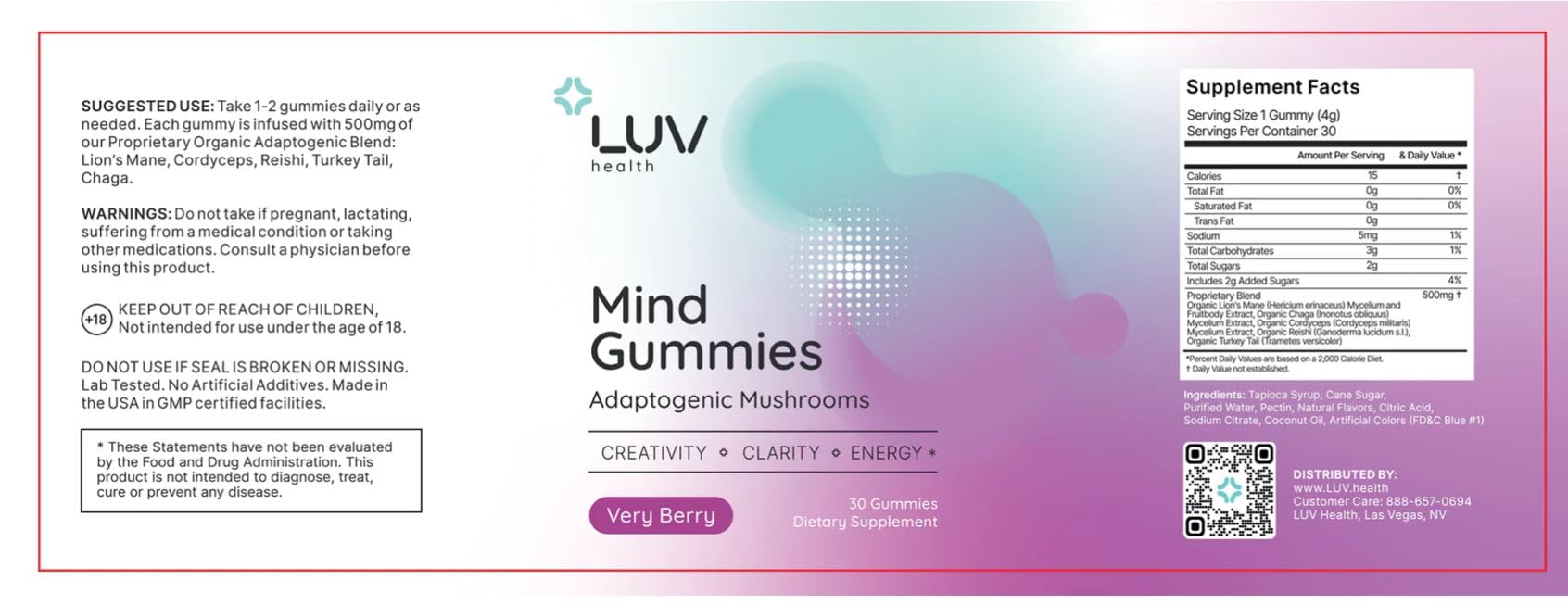 LUV health Mind Gummies container beside USA-made seal and third-party testing badge.