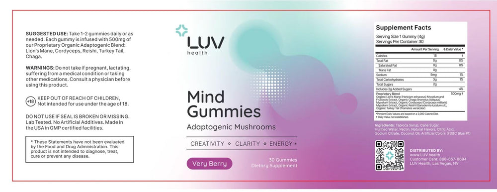 LUV health Mind Gummies container beside USA-made seal and third-party testing badge.