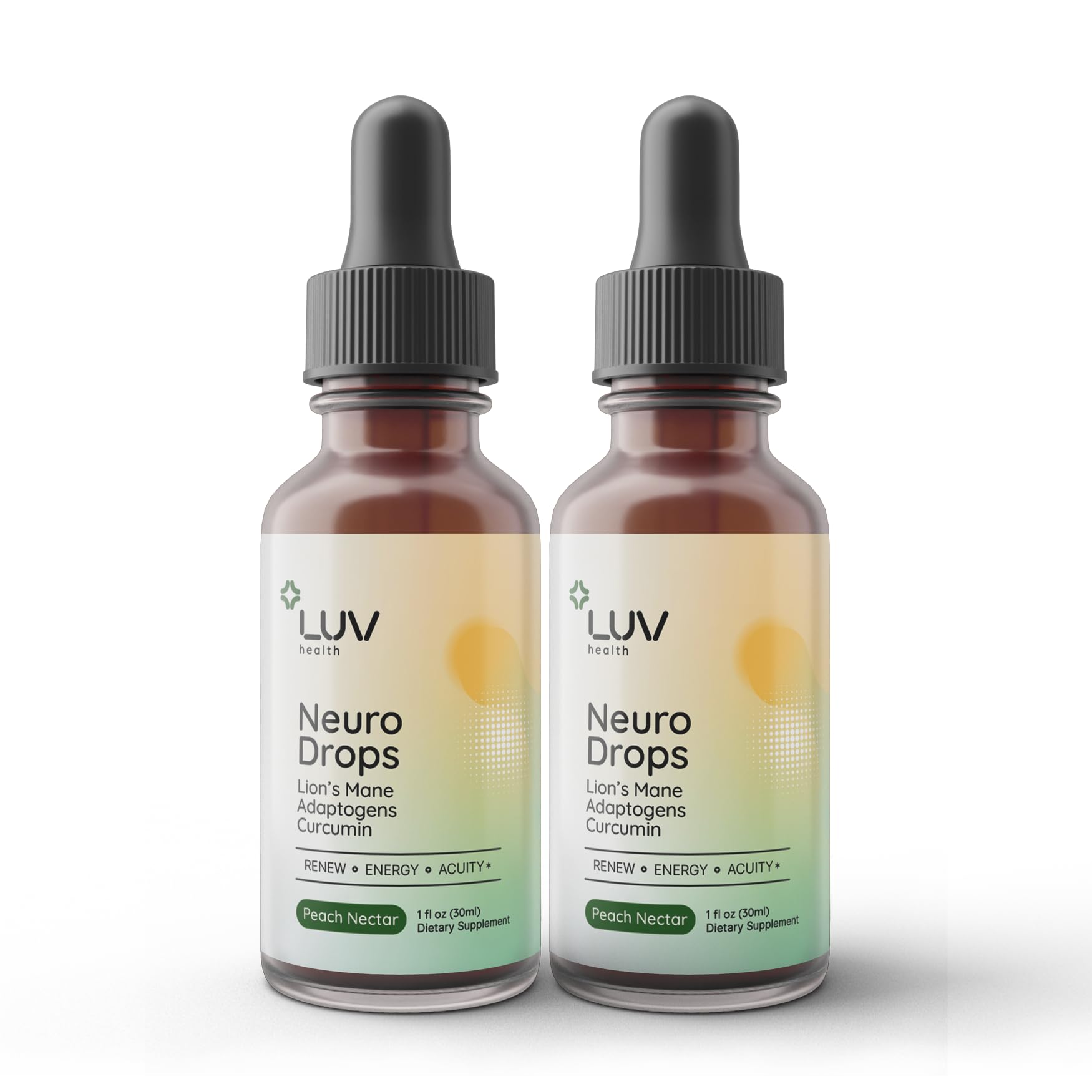 LUV health Neuro Drops bottle front with vegan adaptogens for nerve support.
