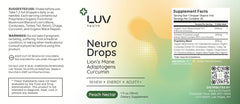 LUV health Neuro Drops ingredients icons show cordyceps, reishi, chaga, turkey tail.