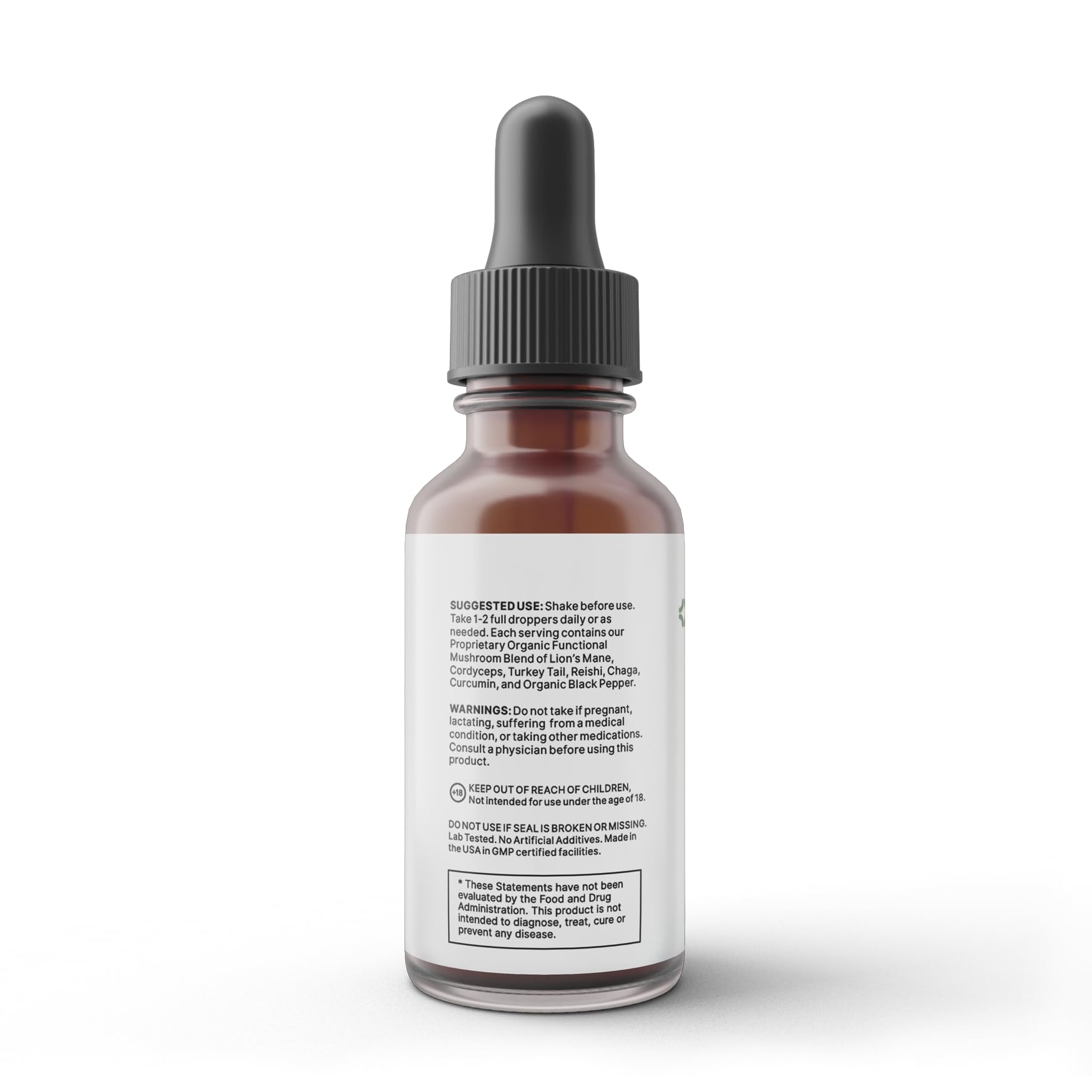 LUV health Neuro Drops ingredients panel highlighting organic mushrooms and turmeric.