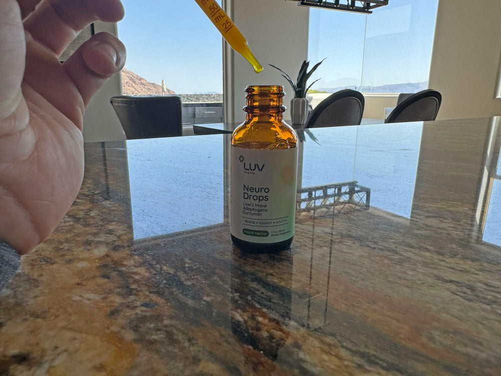 LUV health Neuro Drops packaging emphasizes vegan, non-GMO ingredients.