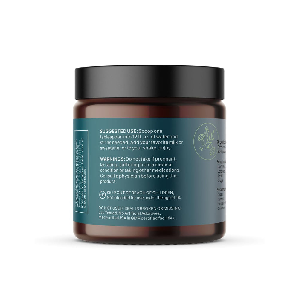 LUV health Vitality Superblend ingredients show cacao, mushrooms, and green tea energy.