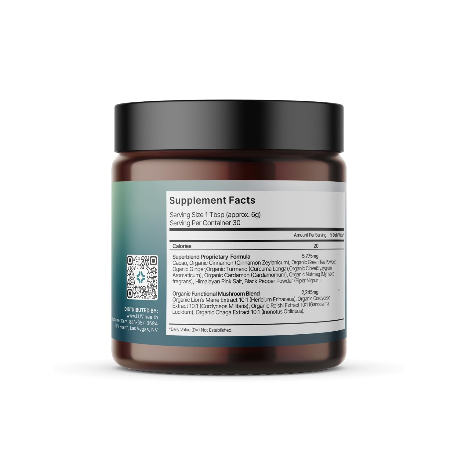 LUV health Vitality Superblend powder tub with spoon, easy to mix into drinks.