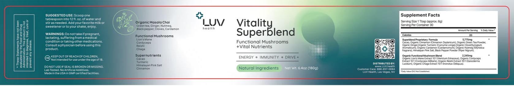 LUV health Vitality Superblend vegan, non-GMO seal for clean daily nutrition.