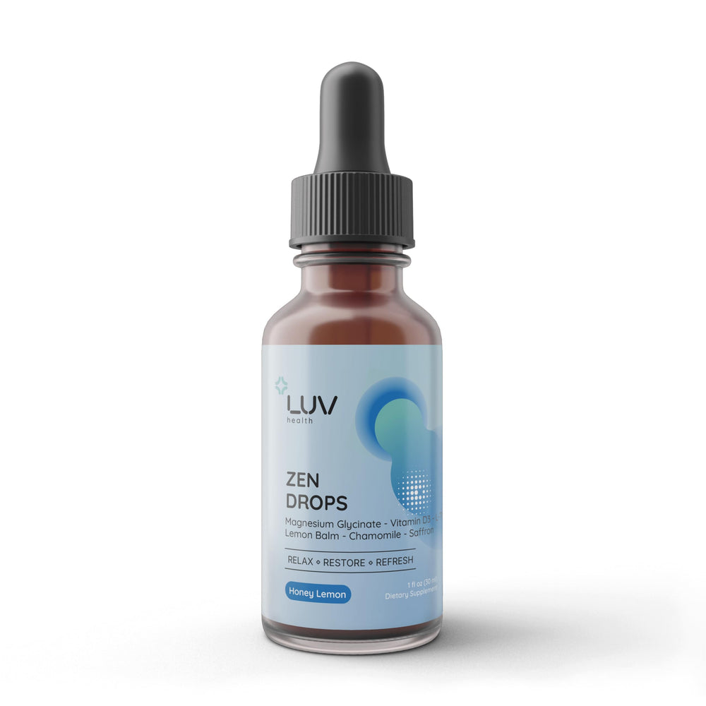LUV Zen Drops bottle closeup highlighting premium liquid formula for daily stress support.