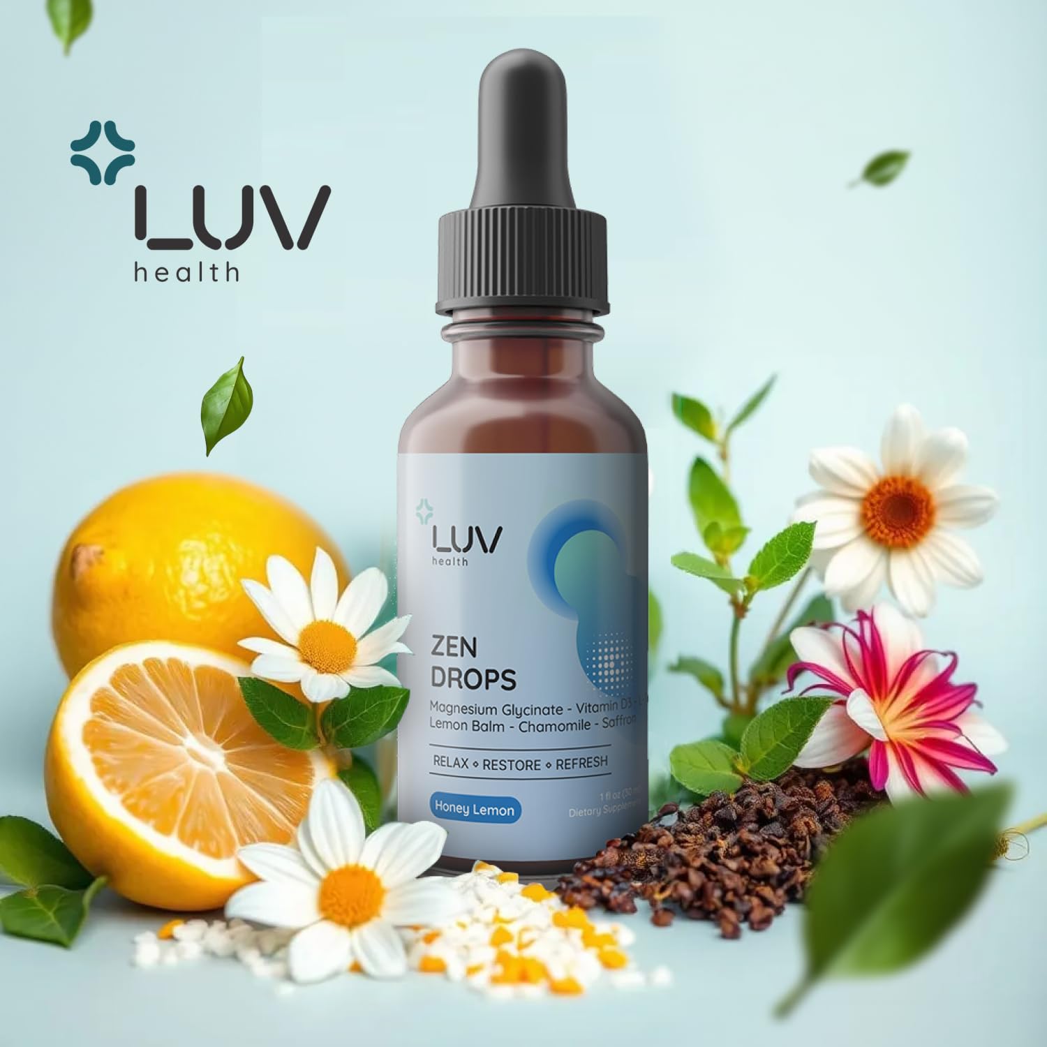 LUV Zen Drops daily-use vibe with glass and dropper for relaxation rituals.