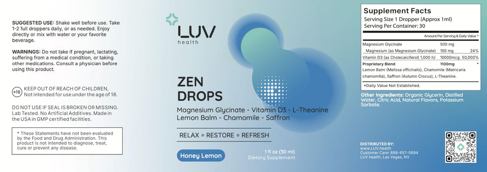 LUV Zen Drops glass with drops illustrating easy routine integration.