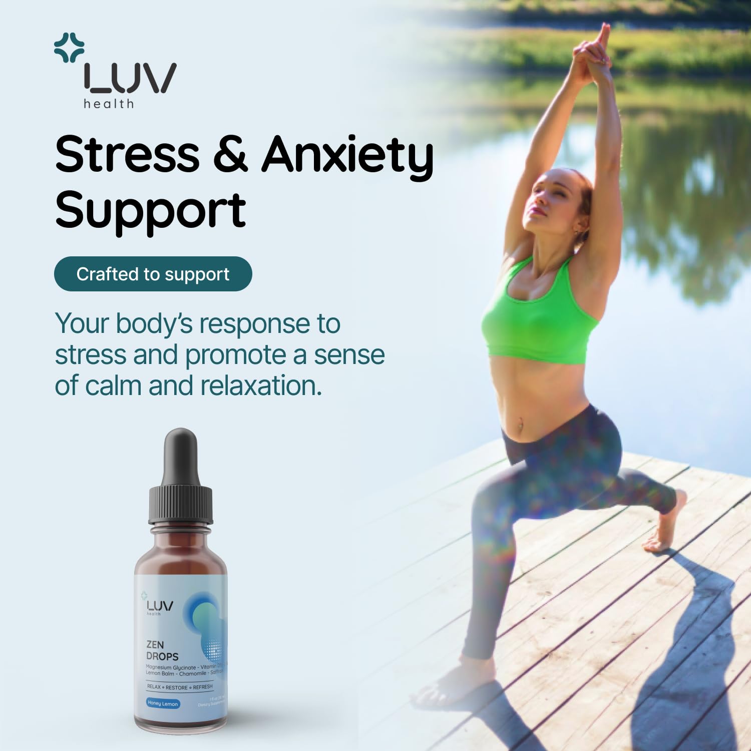 LUV Zen Drops label detail showcasing vegan formula and key ingredients.