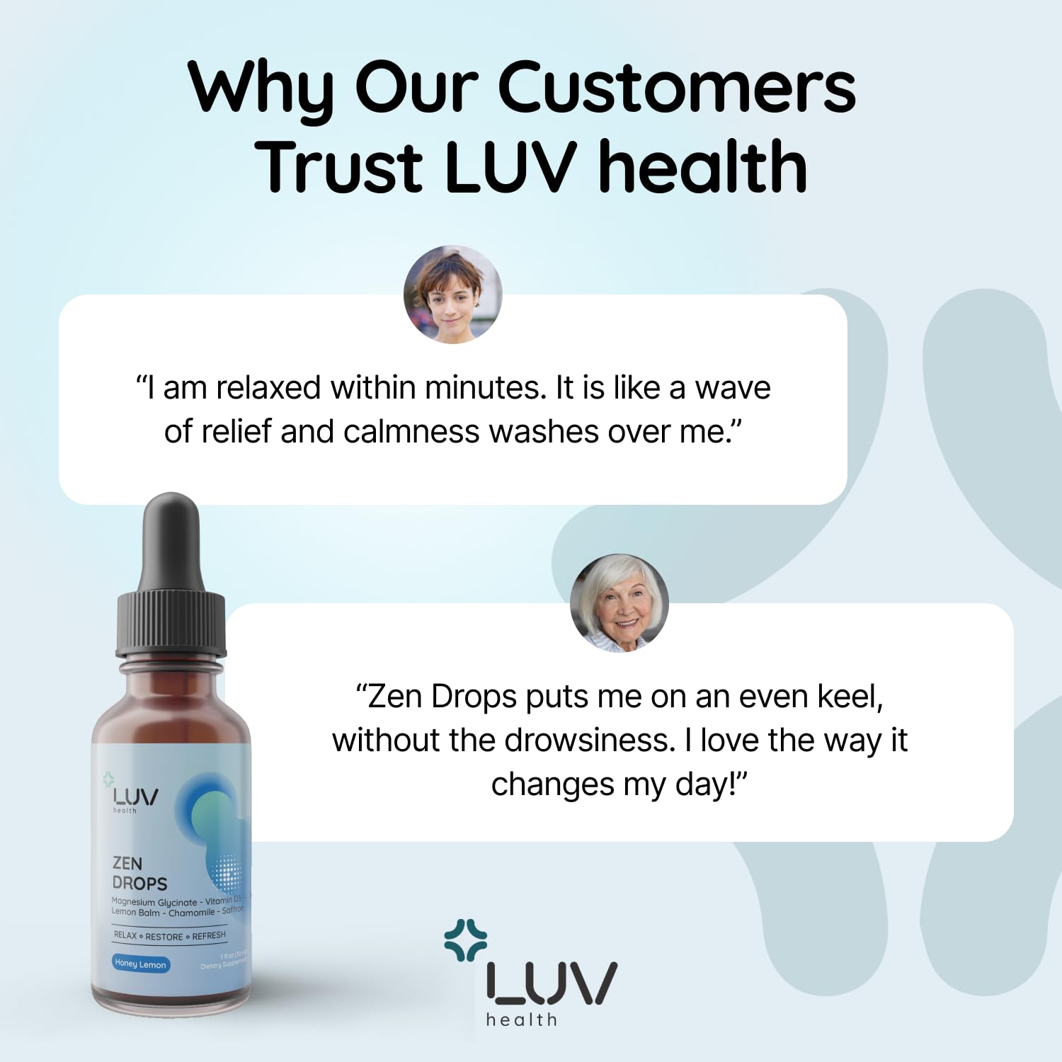 LUV Zen Drops nutrition panel closeup highlighting magnesium, vitamin D3, and botanicals.