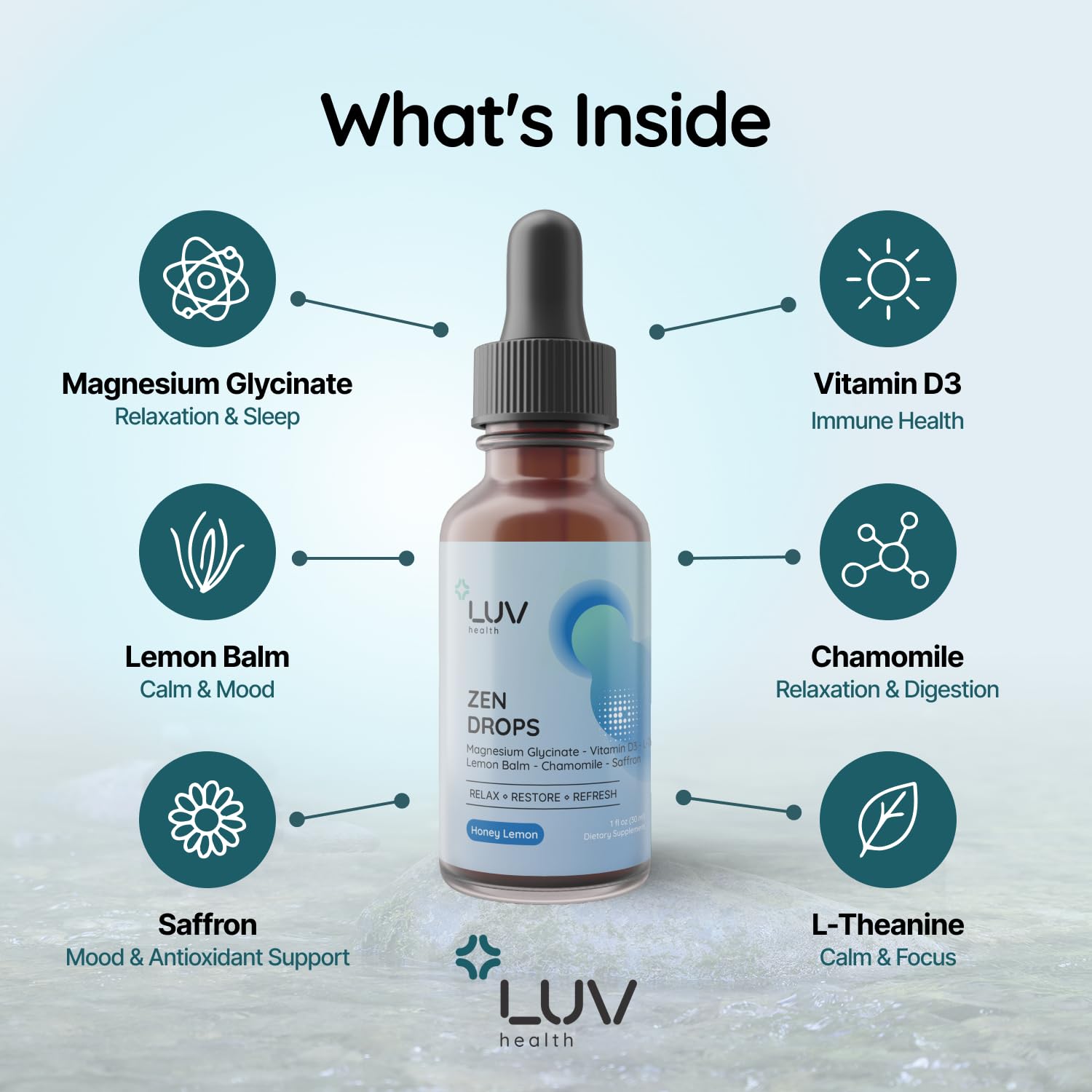 LUV Zen Drops pour shot demonstrating fast-absorbing liquid for calm moments.