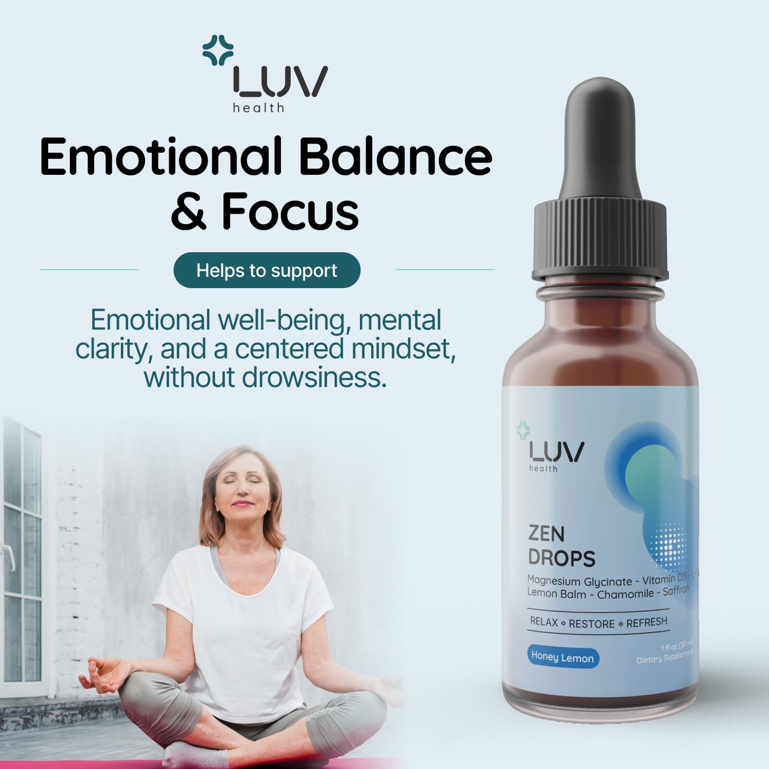 LUV Zen Drops serving packaging emphasizing single-dose readiness for daily wellness.