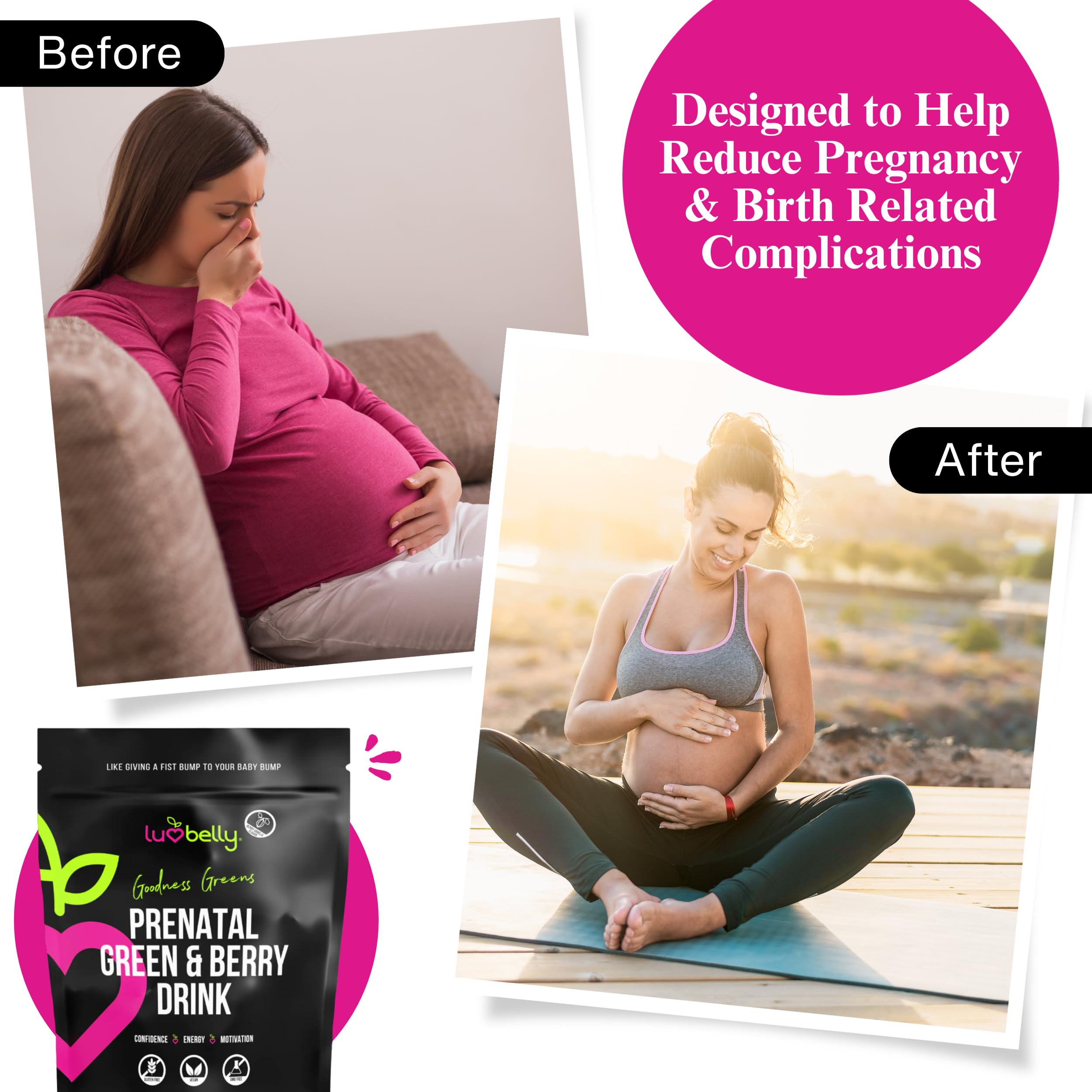 LuvBelly prenatal drink with ginger suggests relief from morning sickness.