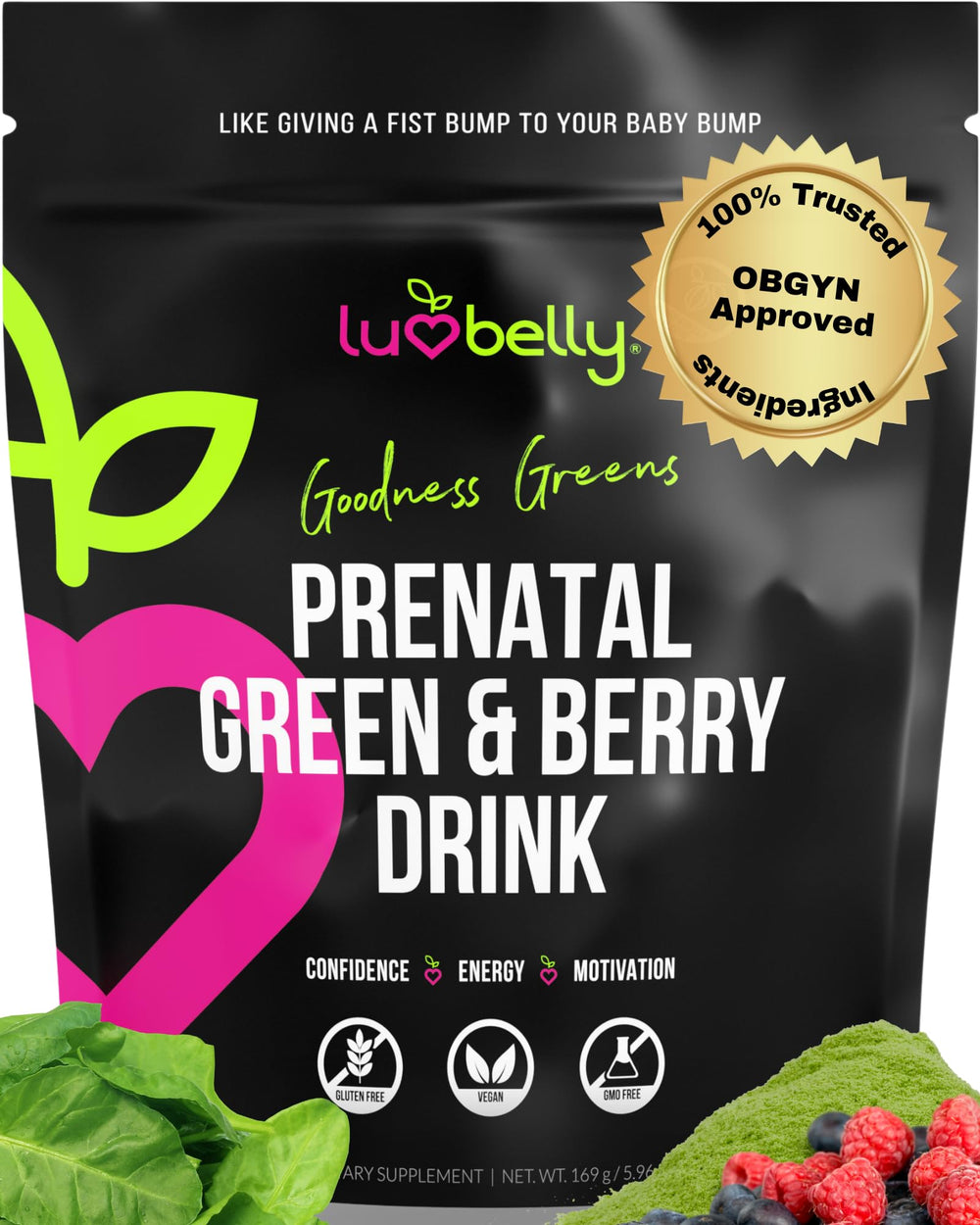 LuvBelly Greens for Pregnant Women front tub showing convenient prenatal greens for daily nourishment.