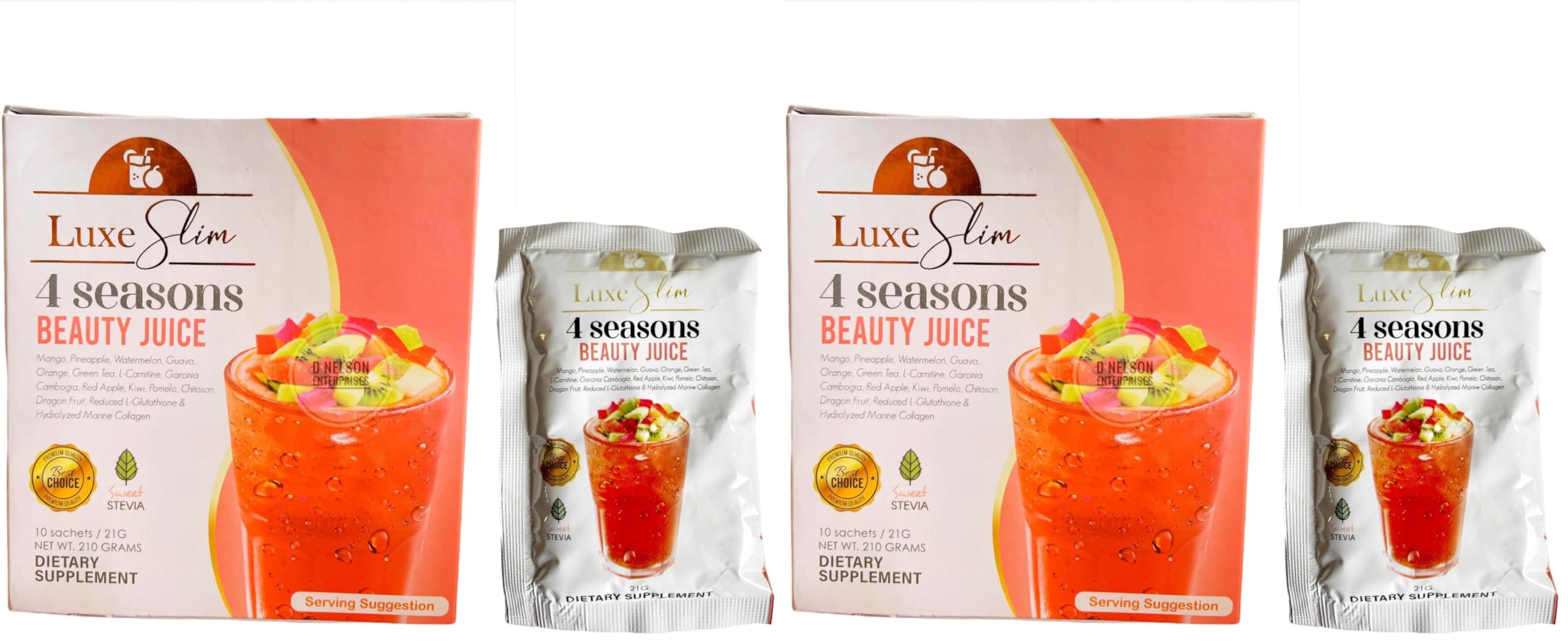 Luxe Slim 4 Seasons Beauty Juice sachet for a low-calorie daily drink.