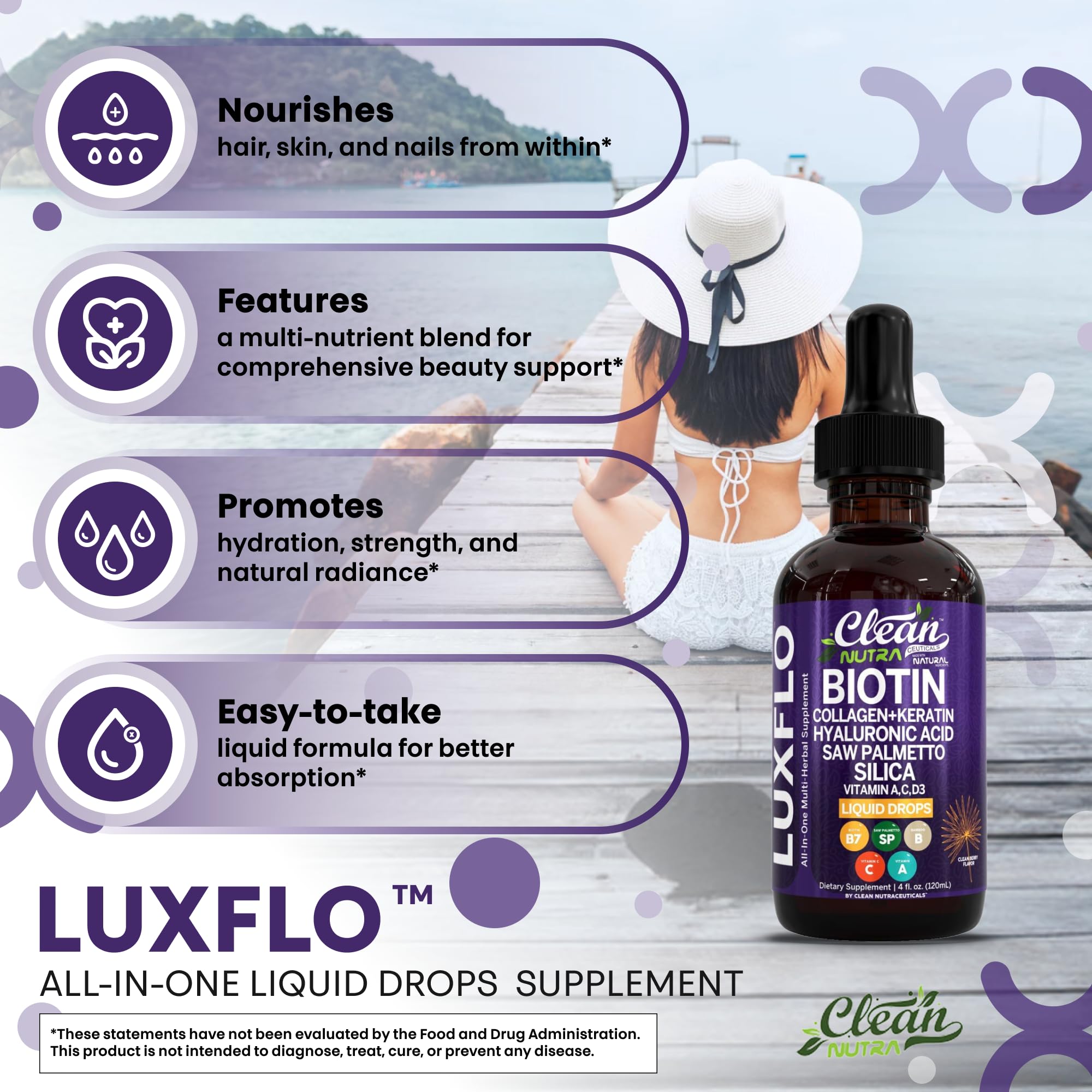 LuxFlo bamboo silica collagen drops emphasizing collagen support.