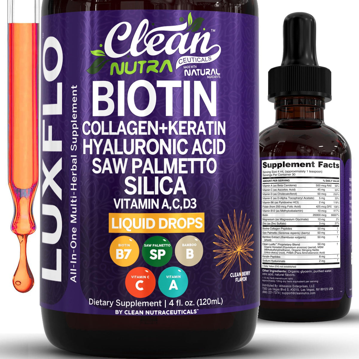 LuxFlo liquid biotin-collagen drops bottle supporting hair nourishment and skin hydration.