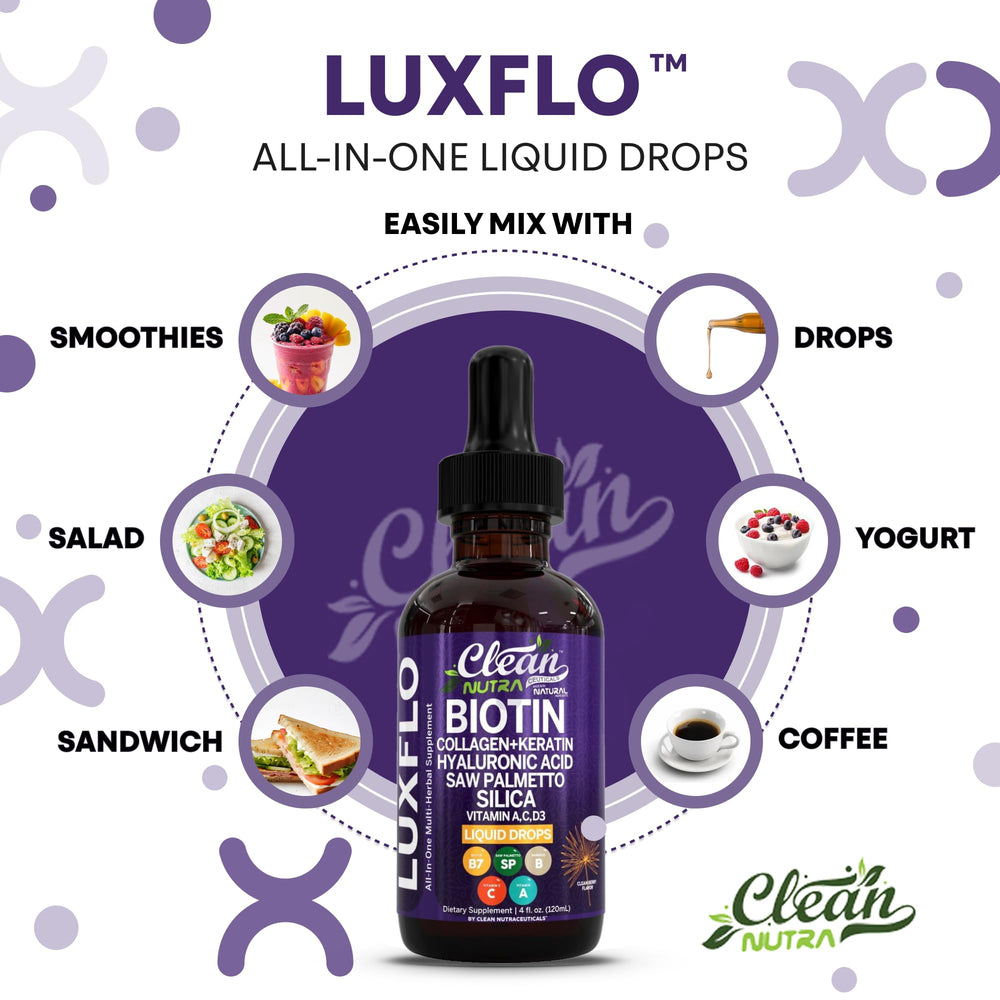 LuxFlo liquid dropper closeup showcasing easy-to-take wellness support.