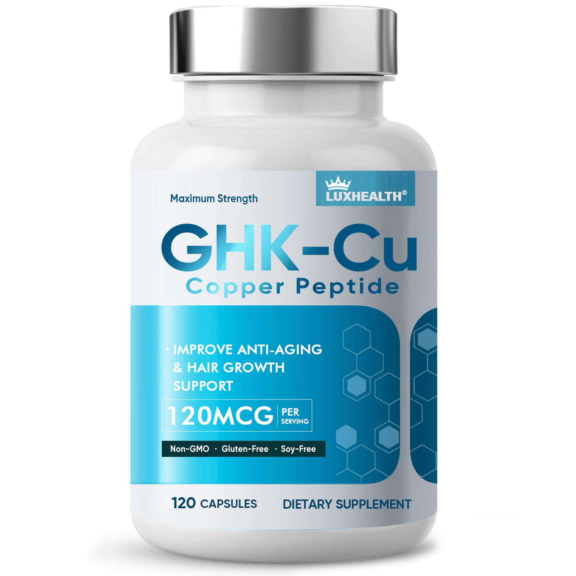 LuxHealth GHK-Cu bottle with capsules for daily skin and hair support.