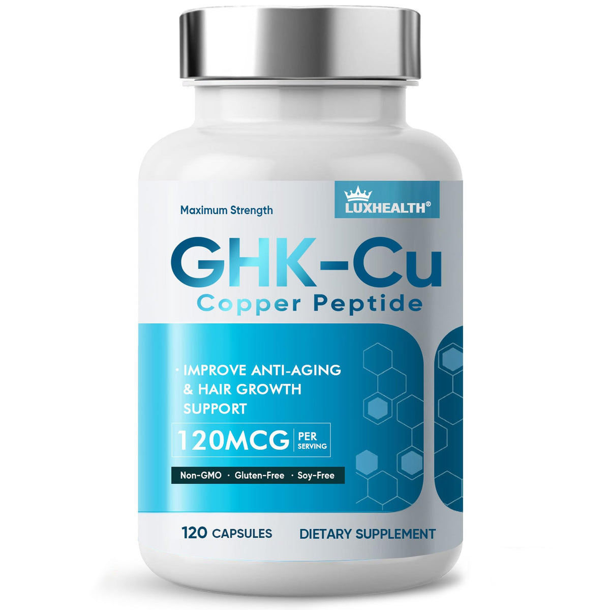 LuxHealth GHK-Cu bottle with capsules for daily skin and hair support.