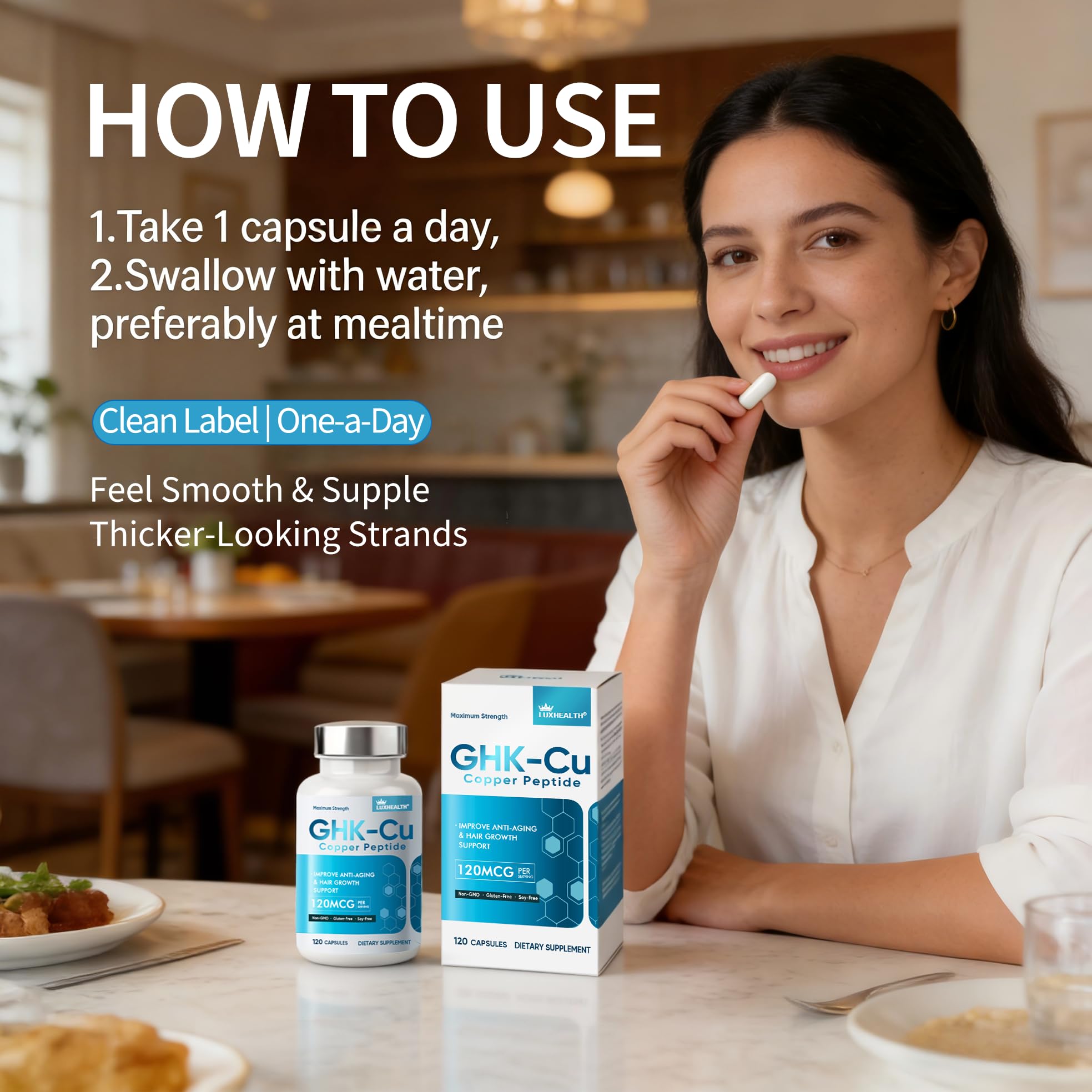 LuxHealth GHK-Cu bottle integrated into daily skincare routine.