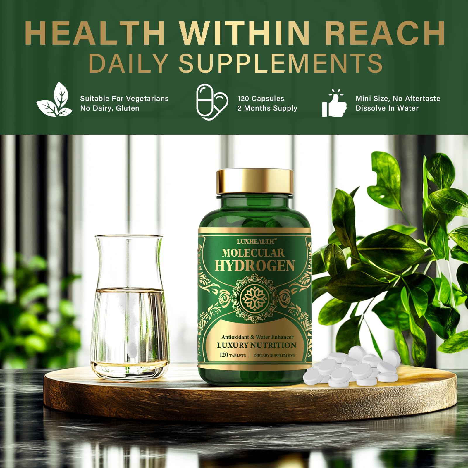LUXHEALTH hydrogen tablets in a daily routine scene, on-the-go hydration