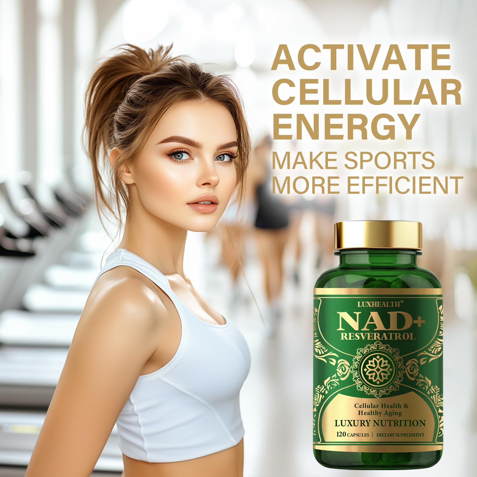 LuxHealth NADH label close-up shows premium ingredients and Resveratrol synergy.