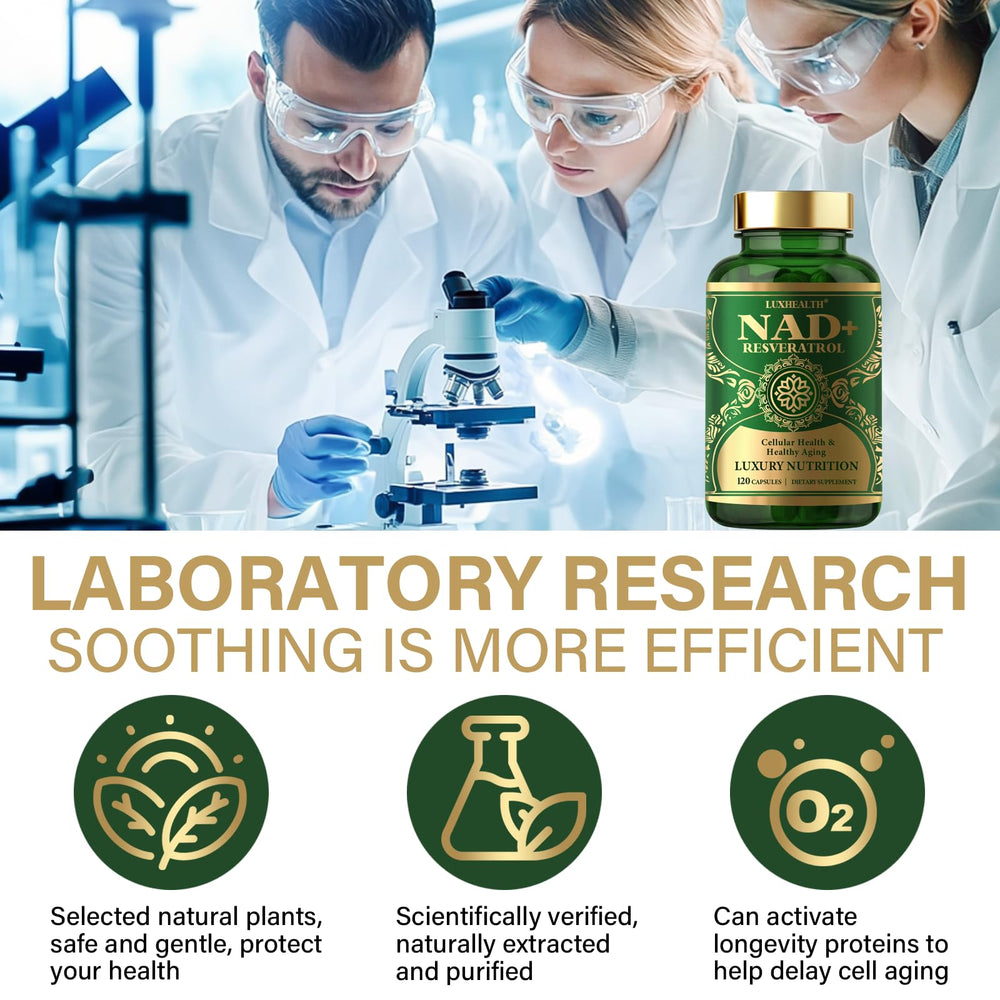LuxHealth NADH bottle label highlights purity and vegan, non-GMO formulation.