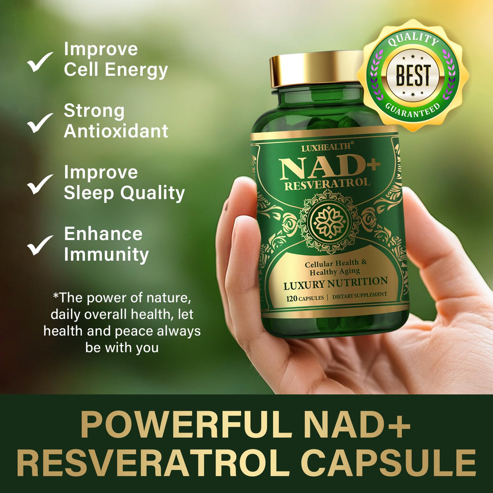 LuxHealth NADH capsules on white surface imply high bioavailability and quality.