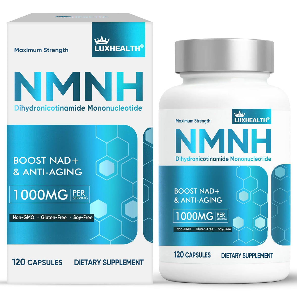 LuxHealth NMNH bottle front showing label and energy support.