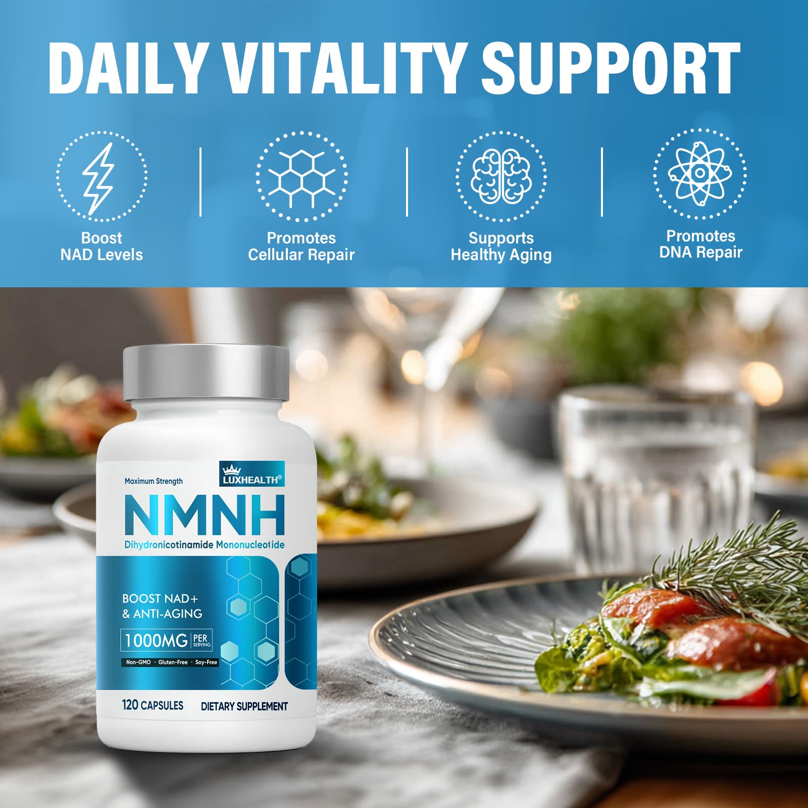 LuxHealth NMNH packaging on a kitchen counter for daily use.