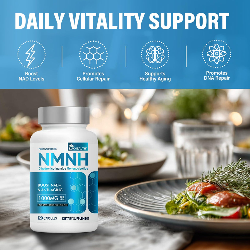 LuxHealth NMNH packaging on a kitchen counter for daily use.