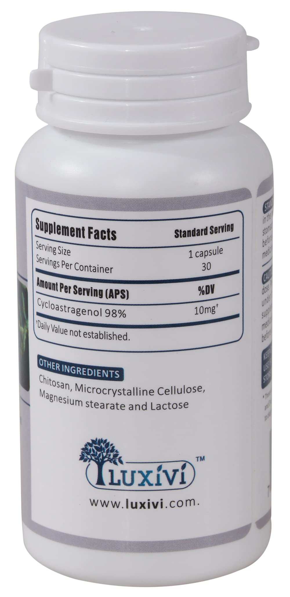 LUXIVI Cylcoastragenol 10mg capsules label shows high purity.