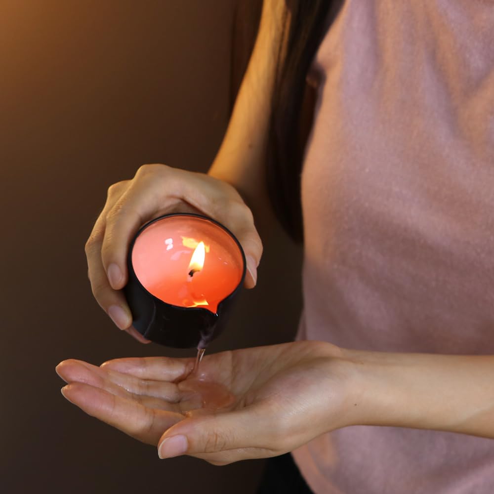 LUXMASA massage candle in Hot Chocolate melts into comforting oil for cozy relaxation.