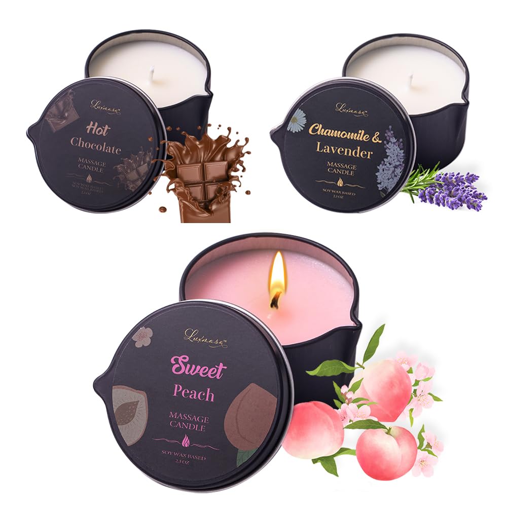 LUXMASA massage candle in Sweet Peach melts into nourishing oil for smooth skin.