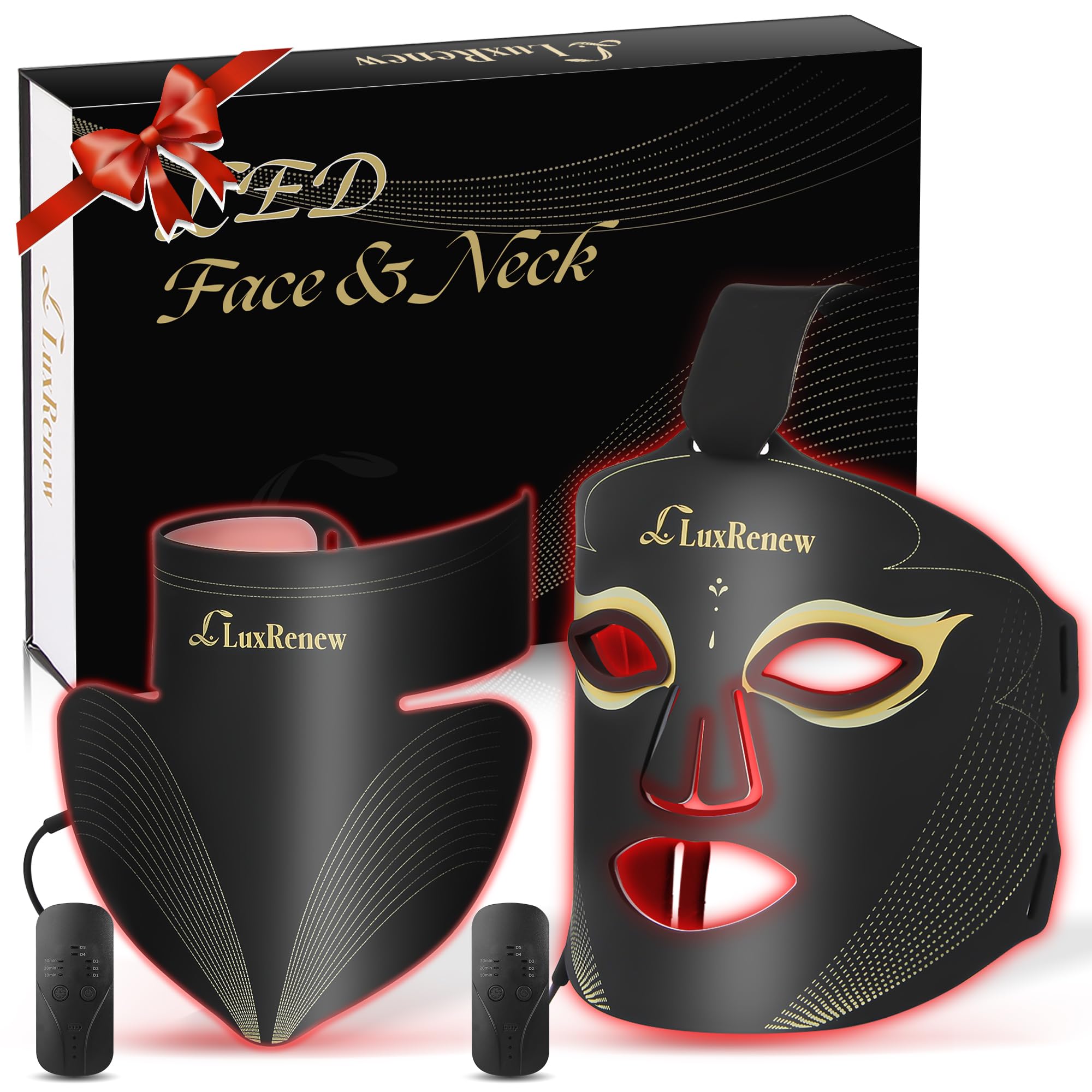 LuxRenew BS red light therapy mask worn on the face and neck for a natural glow